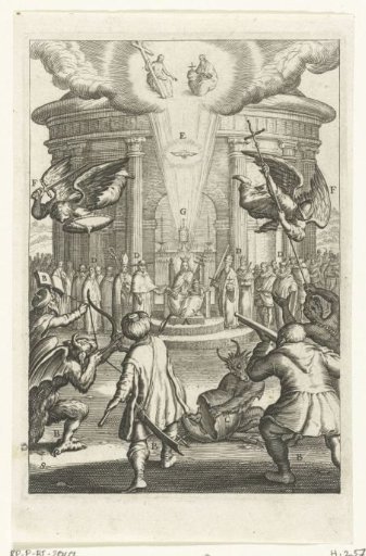 Emblem with the Christian church protected against attacks from her enemies