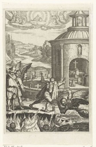 Emblem with angels encouraging men to have compassion for the pleading souls in purgatory