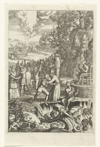 Emblem with a bishop protecting a man from the temptations of a devil