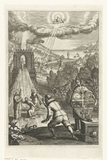Emblem with a man seeing how trust in God can redeem a person from sins and lead him to live in virtue
