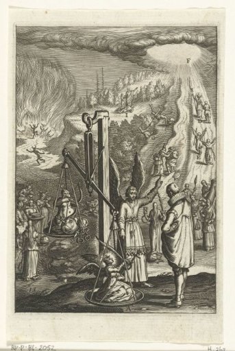 Emblem with an angel showing a man how he must weigh virtue and sin against each other