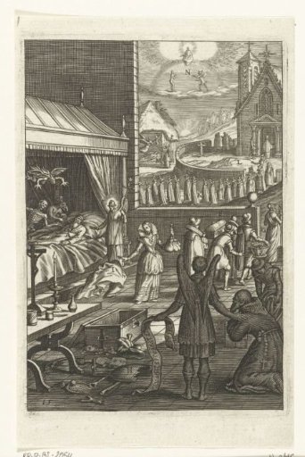 Emblem with an angel showing a cleric that the devil comes to take the soul after the death of a sinner