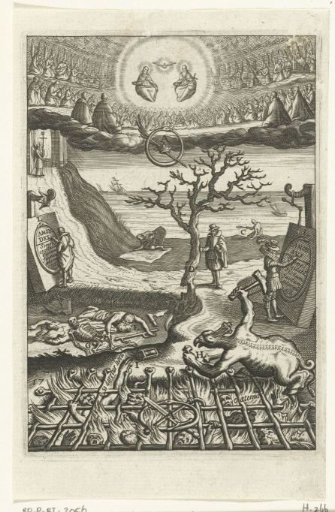 Emblem with a man doubting the choice between living in virtue or living in sin