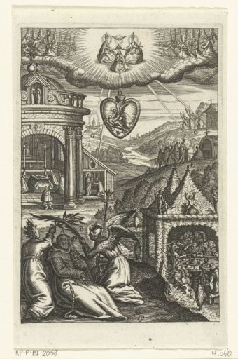 Emblem with the veneration of Saint Francis of Assisi who lived in virtue