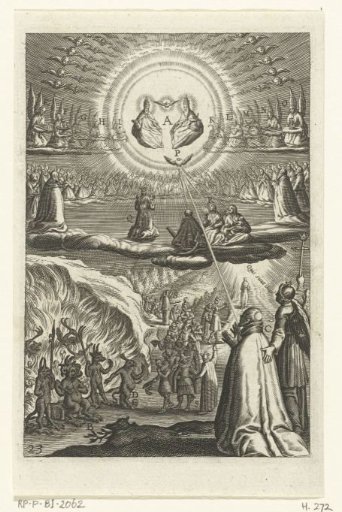 Emblem with a man who must choose whether to serve God or the devil