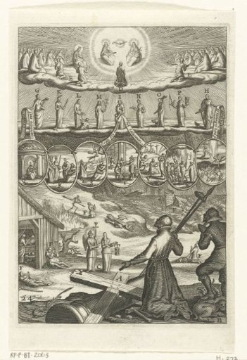 Emblem with a cleric and a man praying to God and the saints with their request to be allowed to live in virtue