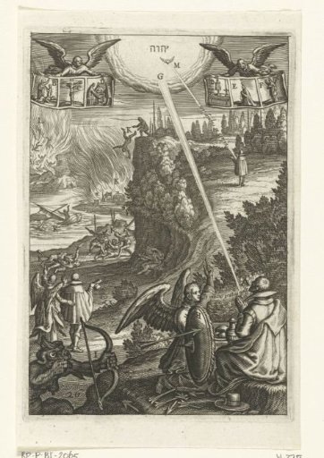 Emblem with a man thanking God for all his good deeds