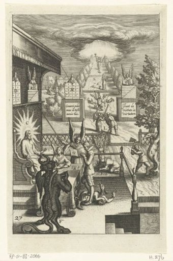 Emblem with a man judged by Christ as judge for his faults