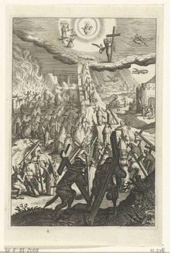 Emblem with the man who carries his cross and is aware of setbacks on his way