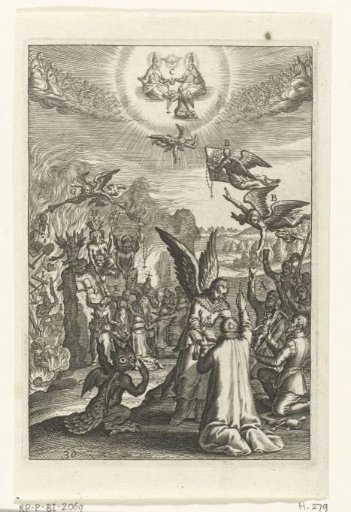 Emblem with a man learning that he pleases God with good works