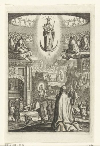 Emblem with Mary and Child venerated by souls in heaven and a man