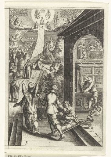 Emblem with a man preparing himself with good deeds for prayer to God