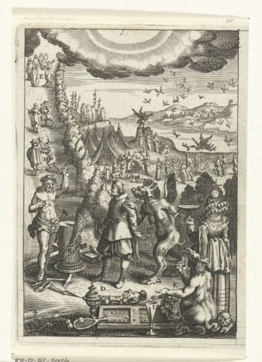 Emblem with a man on the way to eternal life exposed to the temptations of the devil