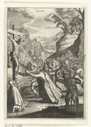 Emblem with men taking refuge in the Christian faith and turning away from sin, the devil and death