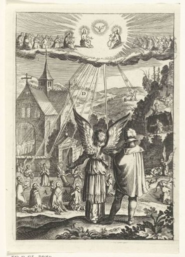 Emblem with an angel showing a man that he must live according to the example of the saints