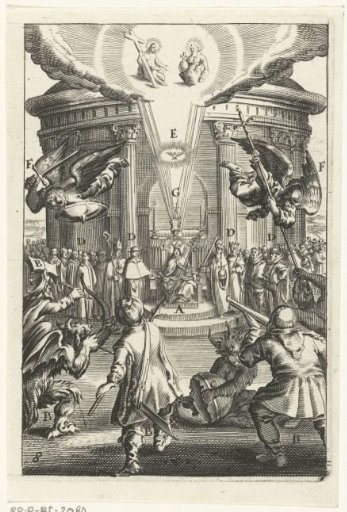 Emblem with the Christian Church protected against attacks by her enemies
