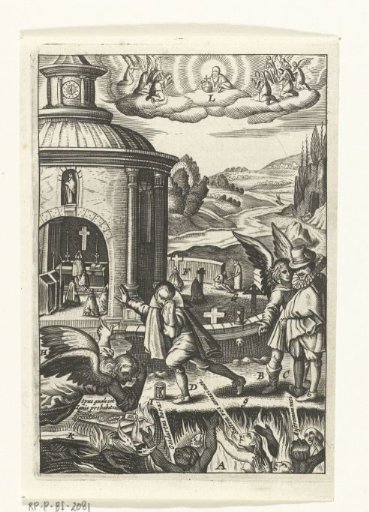 Emblem with angels encouraging men to have compassion for the pleading souls in purgatory