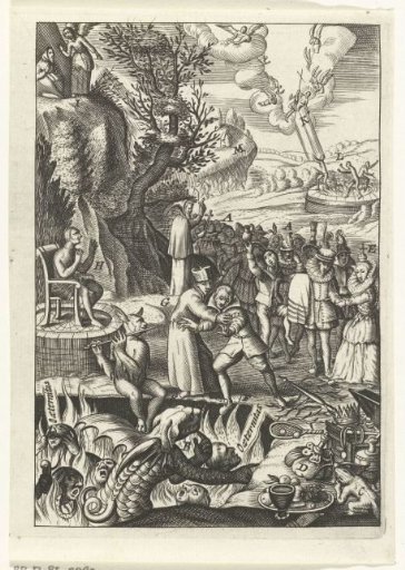 Emblem with a bishop protecting a man from the temptations of a devil