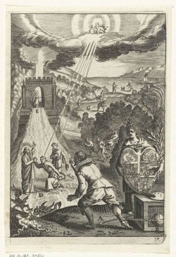 Emblem with a man seeing how trust in God can free a man from sins and enable him to live a virtuous life