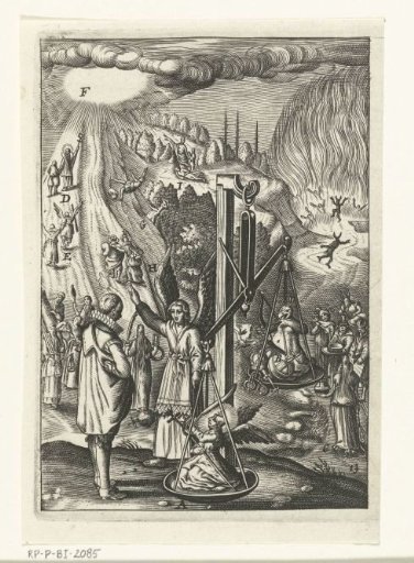 Emblem with an angel showing a man how to weigh virtue and sin against each other