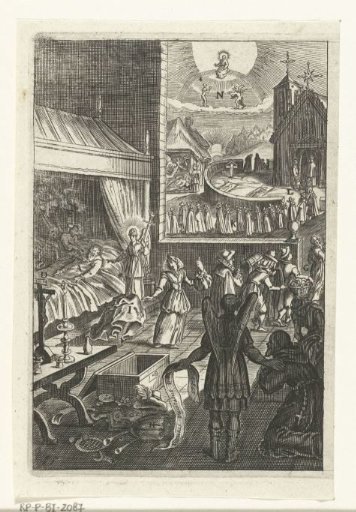 Emblem with an angel showing a cleric that the devil comes to claim the soul after the death of a sinner