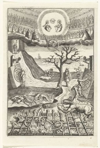 Emblem with a man hesitating over the choice between living in virtue or living in sin