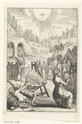 Emblem with men painting portraits of saints in order to follow their example