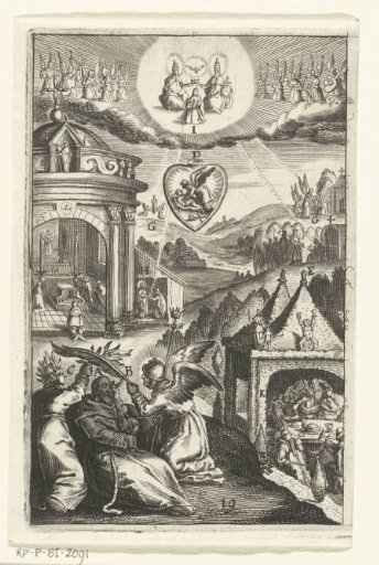 Emblem with the veneration of Saint Francis of Assisi, who lived a life of virtue