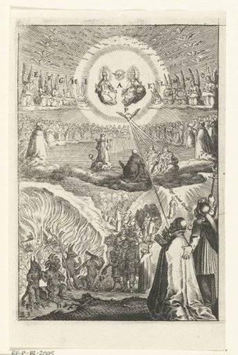 Emblem with a man who must choose whether to serve God or the devil