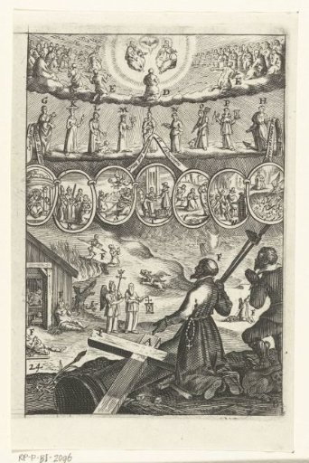 Emblem with a cleric and a man praying to God and the saints, requesting to be allowed to live a life of virtue
