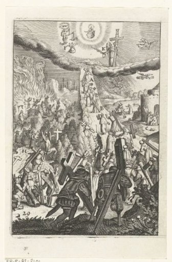 Emblem with a man carrying his cross and aware of setbacks on his path