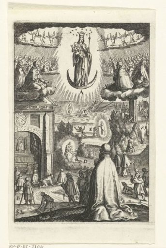 Emblem with Mary and Child venerated by souls in heaven and a man