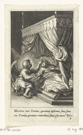 Sick child lies in bed and is cared for by angel