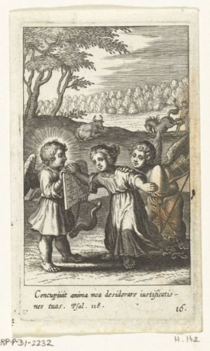 Child between two angels with tablets of the law