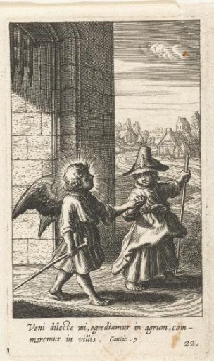 Angel takes child dressed as a pilgrim by the hand