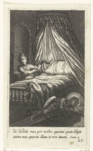 Angel sleeps on ground next to child's bed
