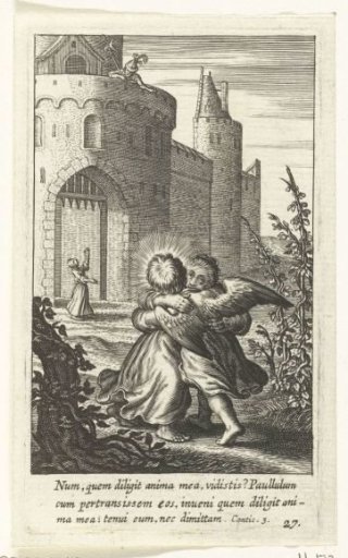 Child and angel embrace each other