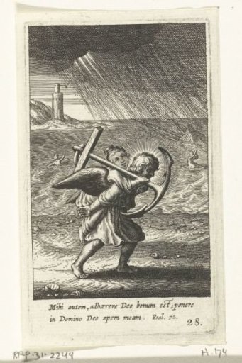 Angel carries child with anchor on his back