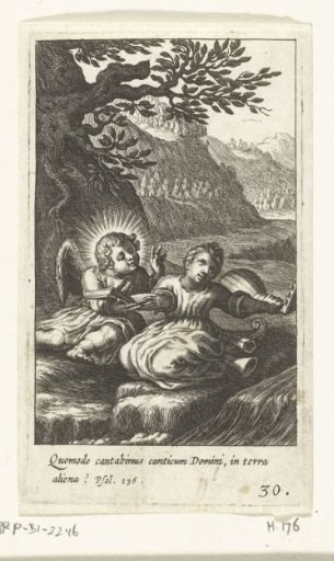 Angel and child sing and make music in landscape