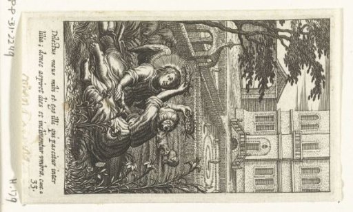 Angel and child crown each other with floral wreath in garden