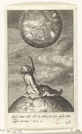 Child seated on a globe looks at an angel on a celestial globe