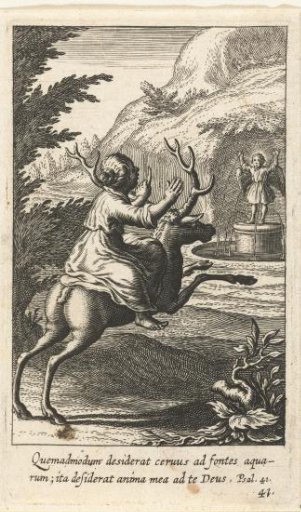 Child riding a stag by a fountain with an angel