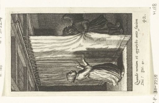 Child stands before a curtain behind which an angel hides