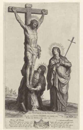 Christ on the cross, with Mary and St. Catherine