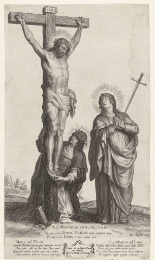 Christ on the cross, with Mary and St. Catherine