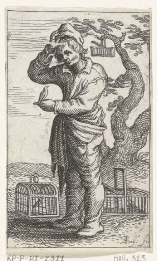 Man with birdcages and captured birds