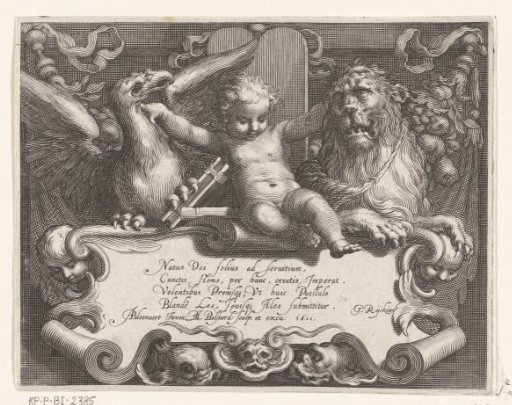 Title print with child between tamed lion and bird of prey above shield with verse