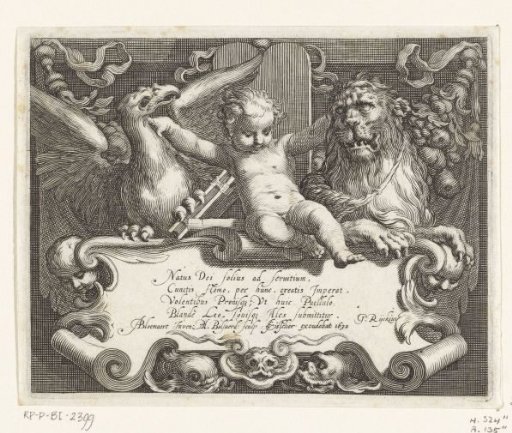 Title page with child between a tamed lion and a bird of prey above a shield with verse