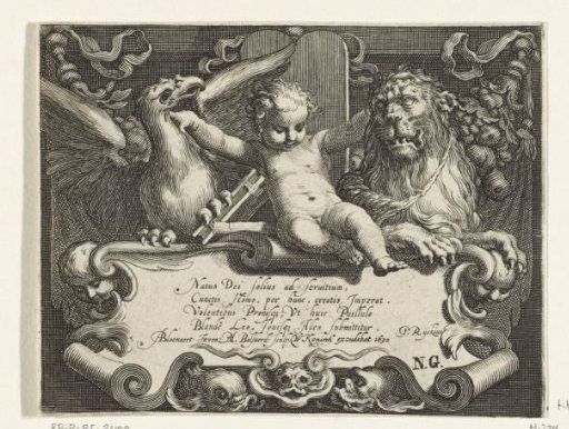 Title page with child between a tamed lion and a bird of prey above a shield with verse