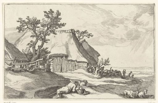 Farm and shepherd with sheep and goat